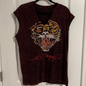 Ed Hardy Eh Tiger Graphic Print Sleeveless Split V-Neck Tank Top Red Men's Large
